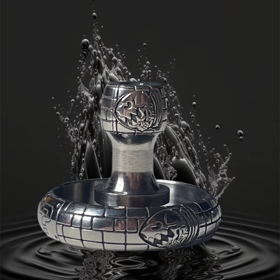 Engraved Titanium ring with Mario famous desig,: a Bullet Skull on a side and a question mark on the other side. Background is formed of the famous  bricks wall of Mario game.